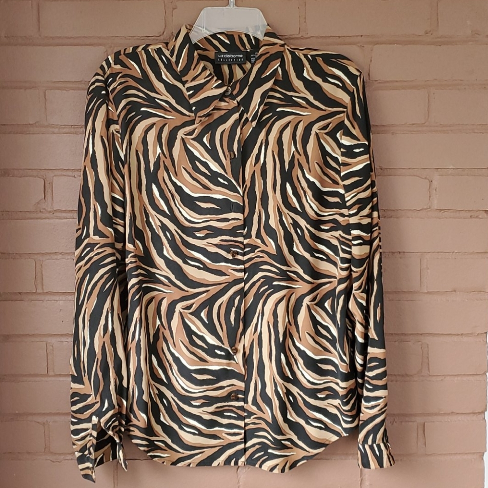 Liz Claiborne Silk Tiger Print Blouse Size 10
